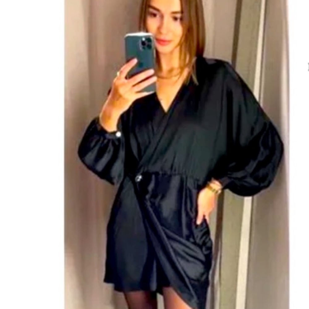 ZARA Satin effect wrap dress long sleeves Size Large - Picture 6 of 14